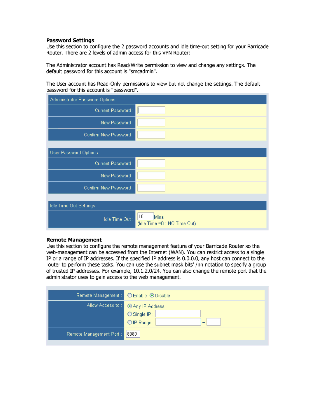 SMC Networks SMCBR18VPN manual Password Settings, Remote Management 