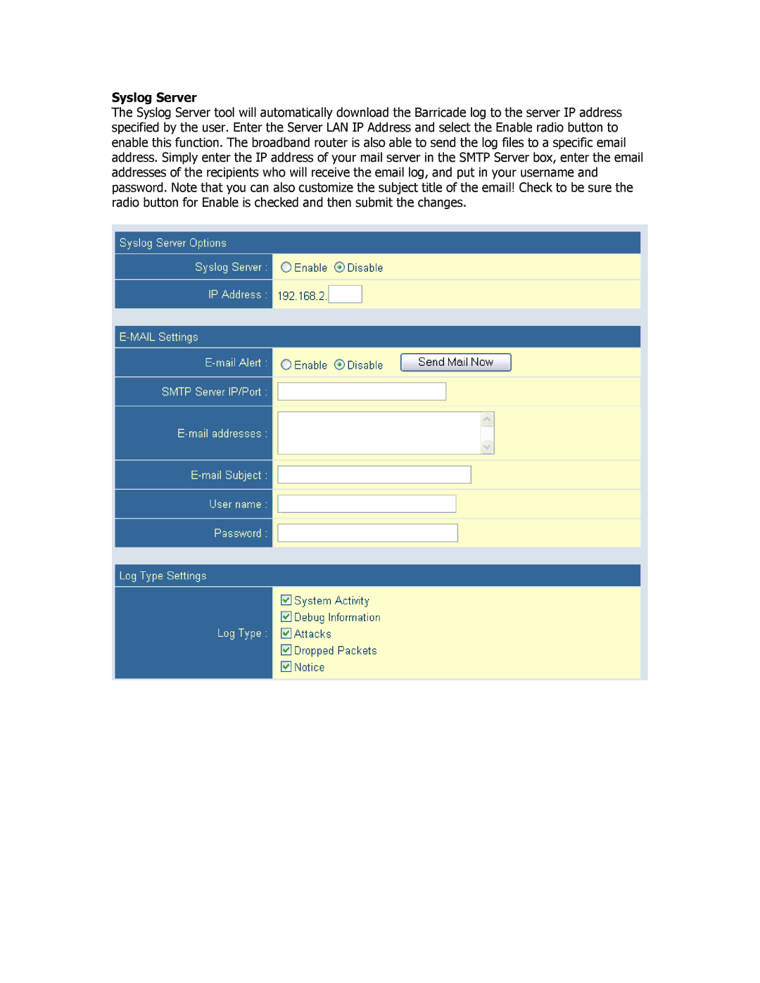 SMC Networks SMCBR18VPN manual Syslog Server 