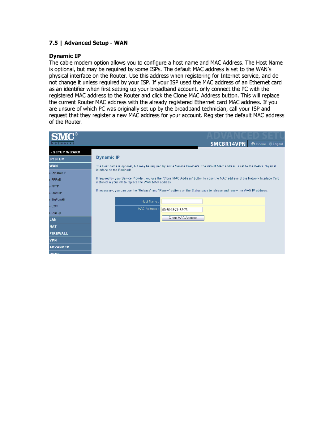 SMC Networks SMCBR18VPN manual Advanced Setup WAN Dynamic IP 