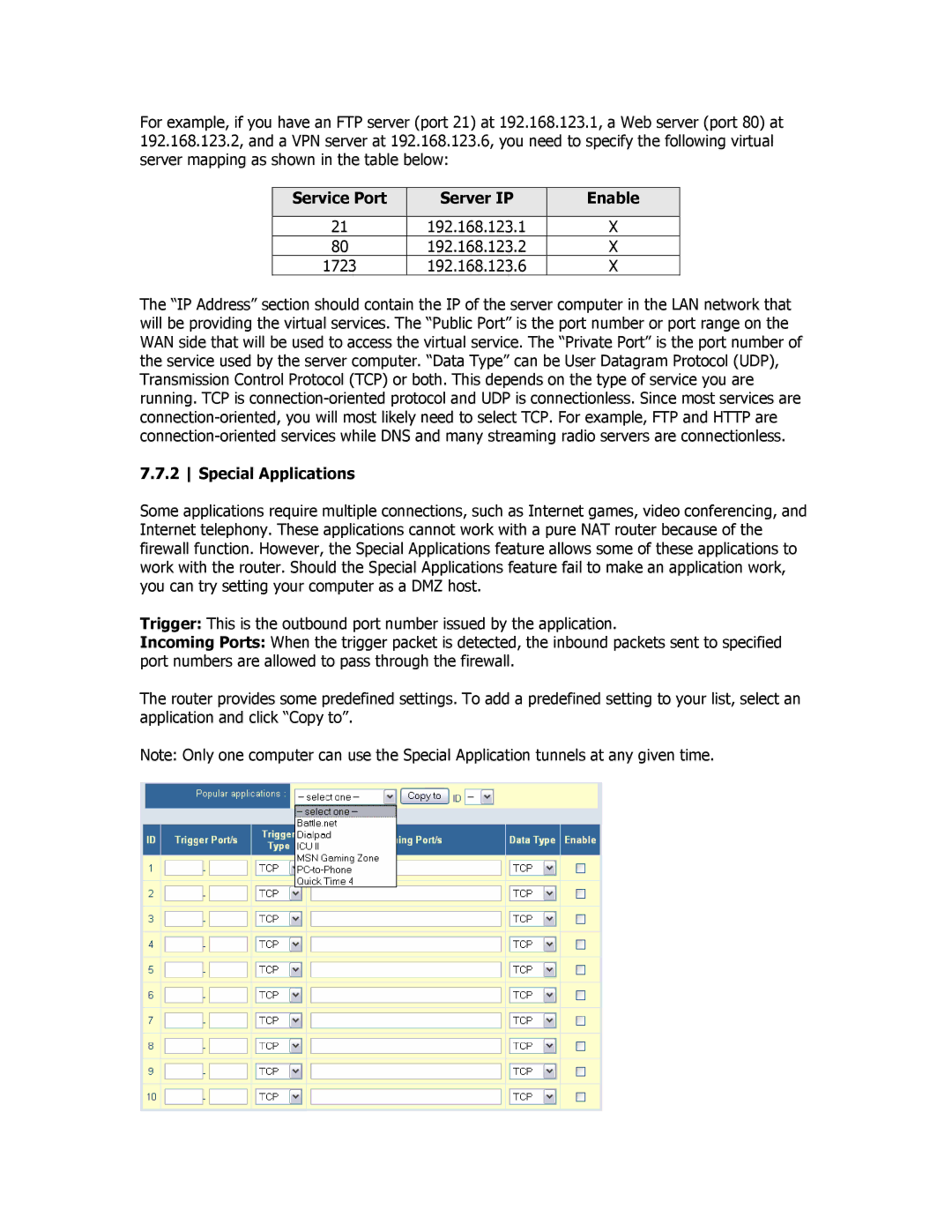 SMC Networks SMCBR18VPN manual Service Port Server IP Enable, Special Applications 