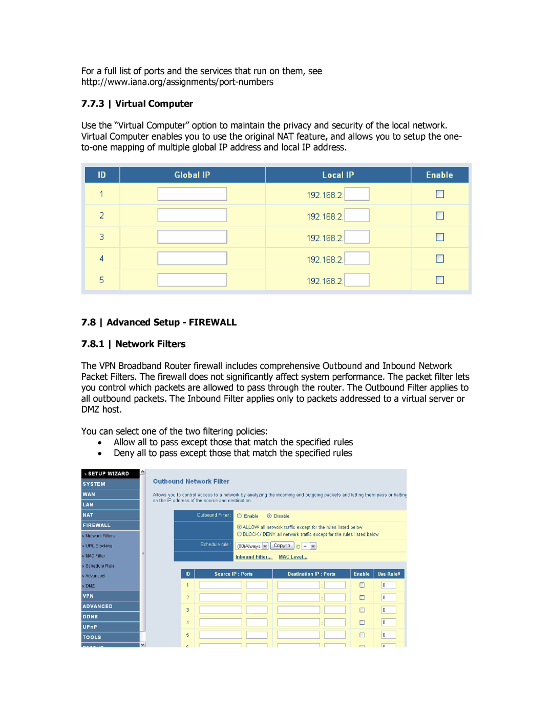 SMC Networks SMCBR18VPN manual Virtual Computer, Advanced Setup Firewall 7.8.1 Network Filters 