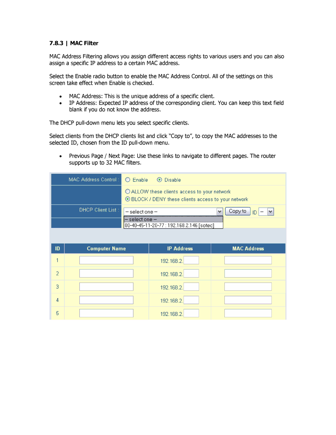 SMC Networks SMCBR18VPN manual MAC Filter 