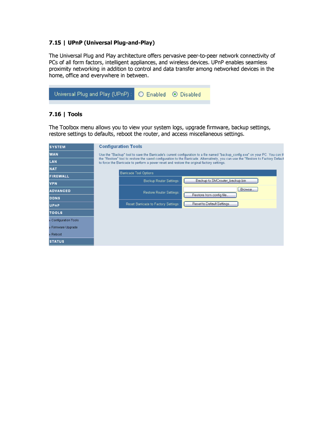 SMC Networks SMCBR18VPN manual UPnP Universal Plug-and-Play, Tools 