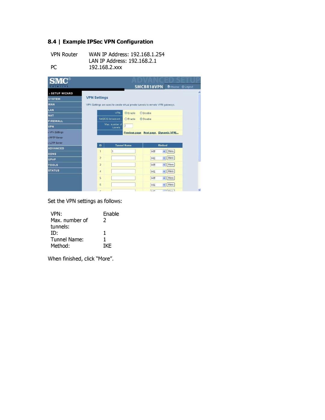 SMC Networks SMCBR18VPN manual Example IPSec VPN Configuration, Ike 