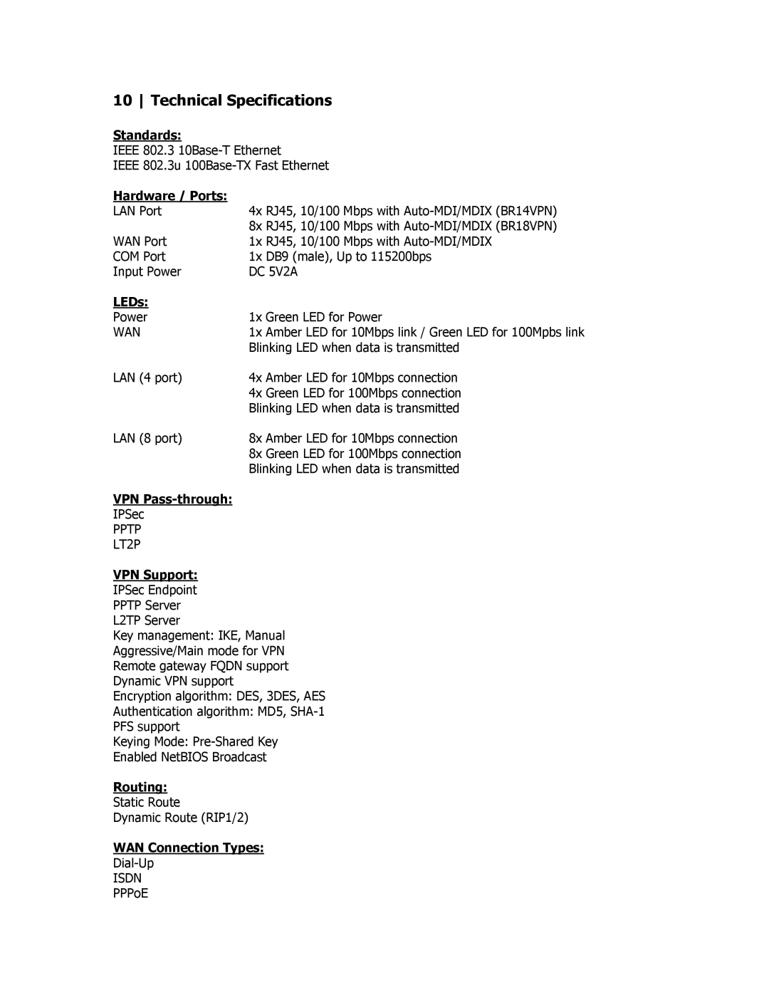 SMC Networks SMCBR18VPN manual Technical Specifications 