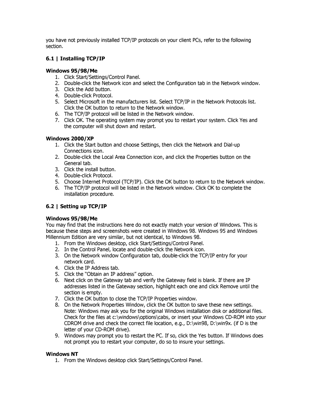 SMC Networks SMCBR18VPN manual Installing TCP/IP Windows 95/98/Me, Windows 2000/XP, Setting up TCP/IP Windows 95/98/Me 