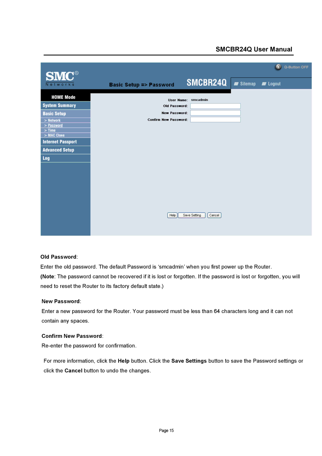 SMC Networks SMCBR24Q user manual Old Password, Confirm New Password 