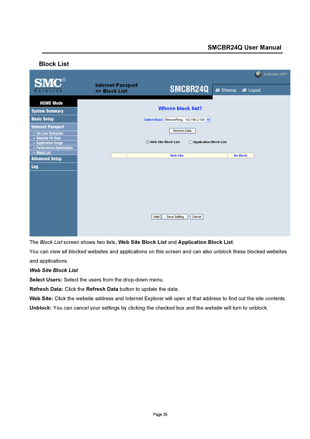 SMC Networks SMCBR24Q user manual Web Site Block List 