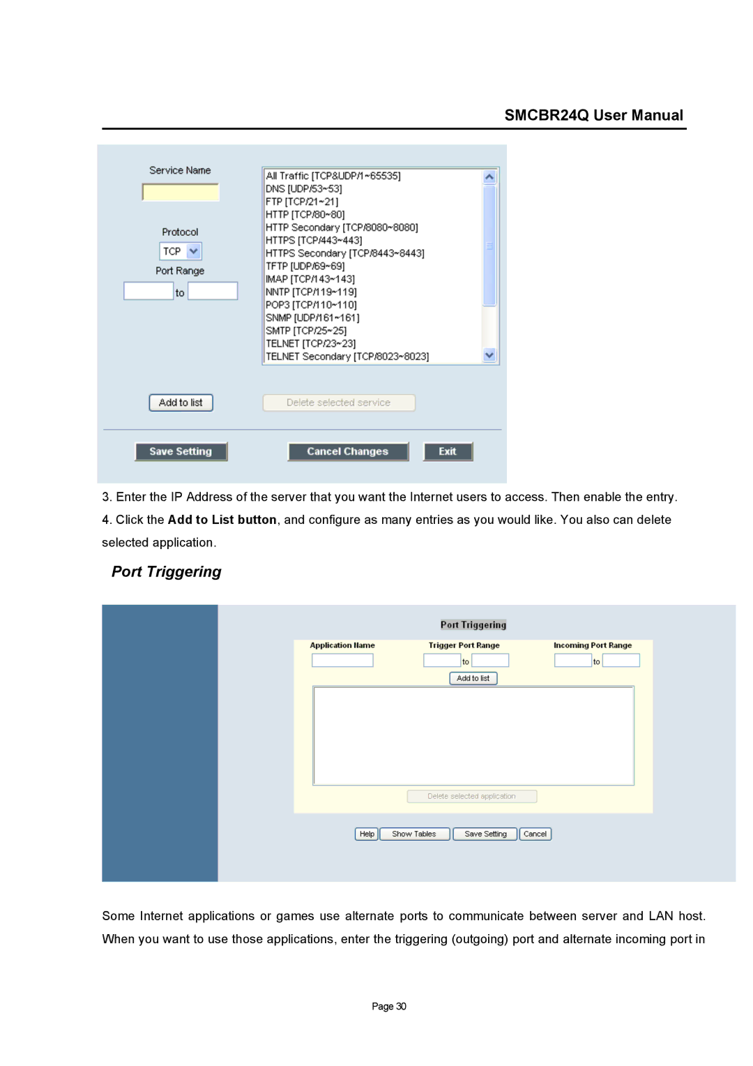 SMC Networks SMCBR24Q user manual Port Triggering 