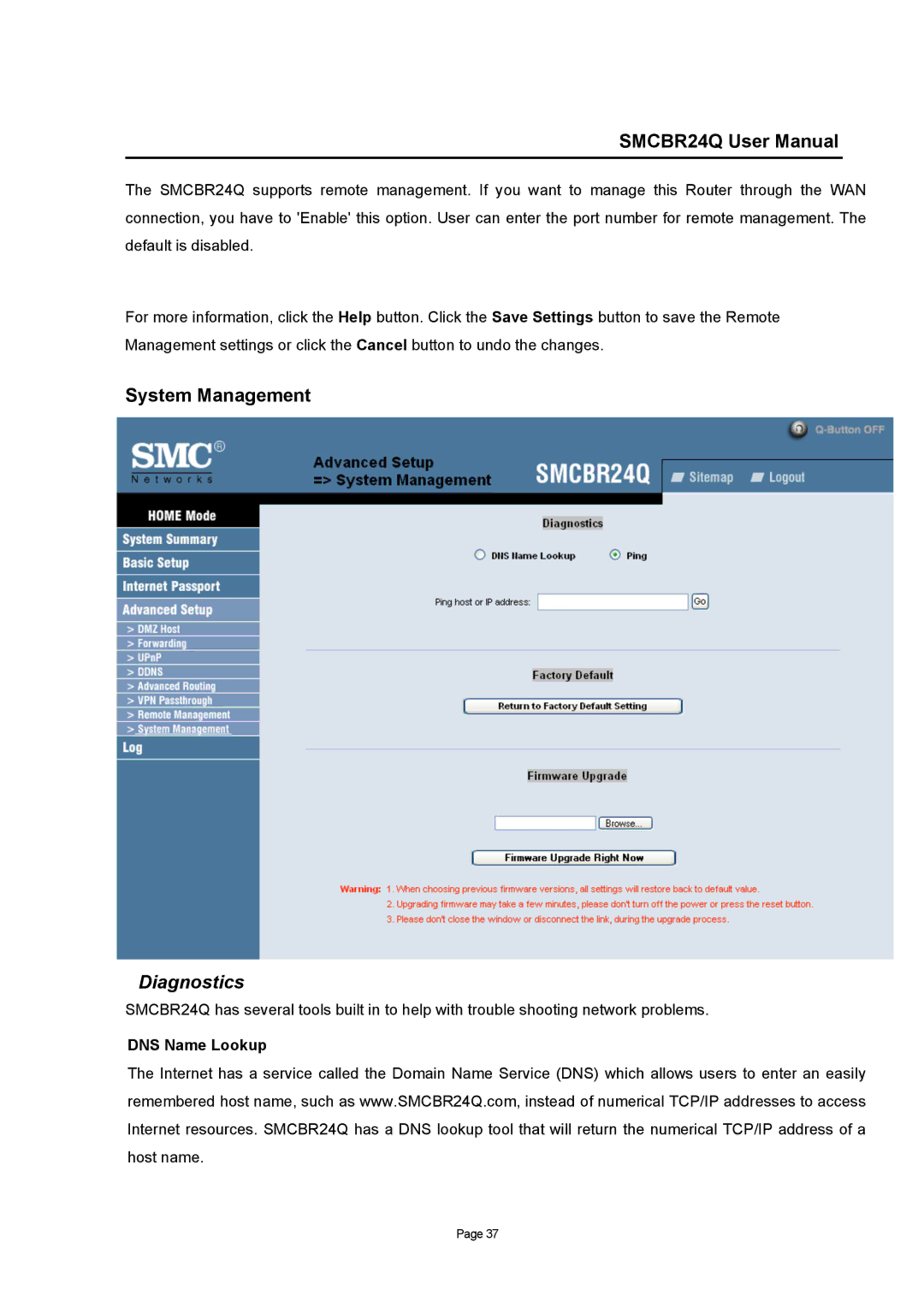 SMC Networks SMCBR24Q user manual System Management, Diagnostics, DNS Name Lookup 