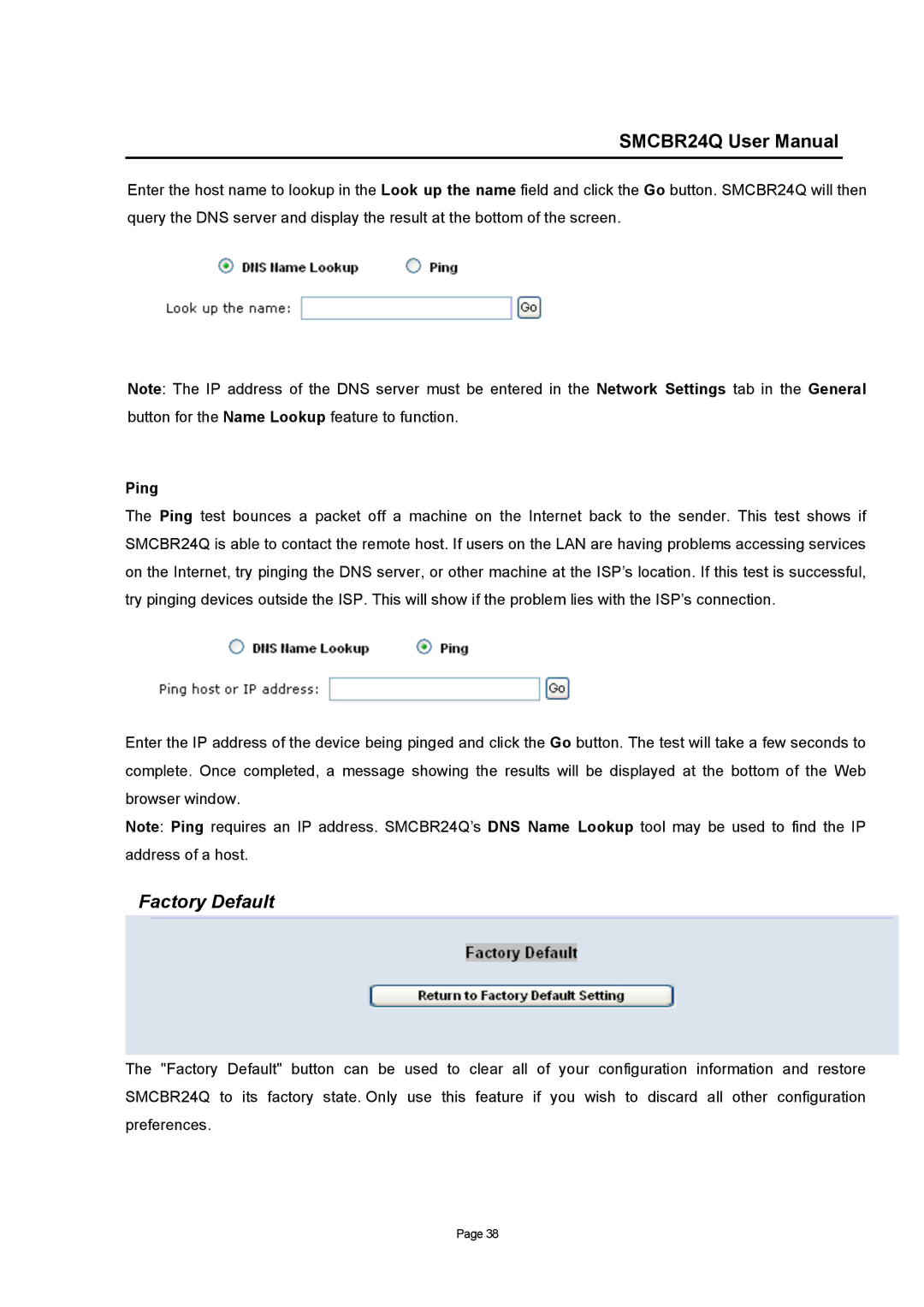 SMC Networks SMCBR24Q user manual Factory Default, Ping 