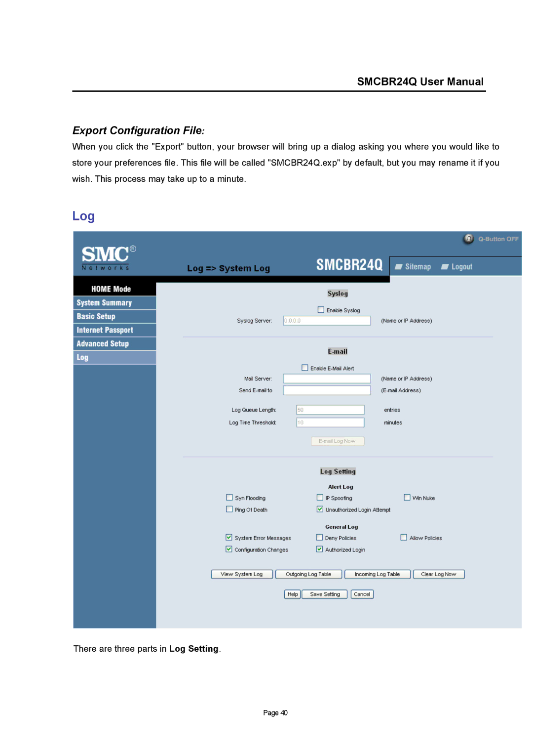 SMC Networks SMCBR24Q user manual Log, Export Configuration File 