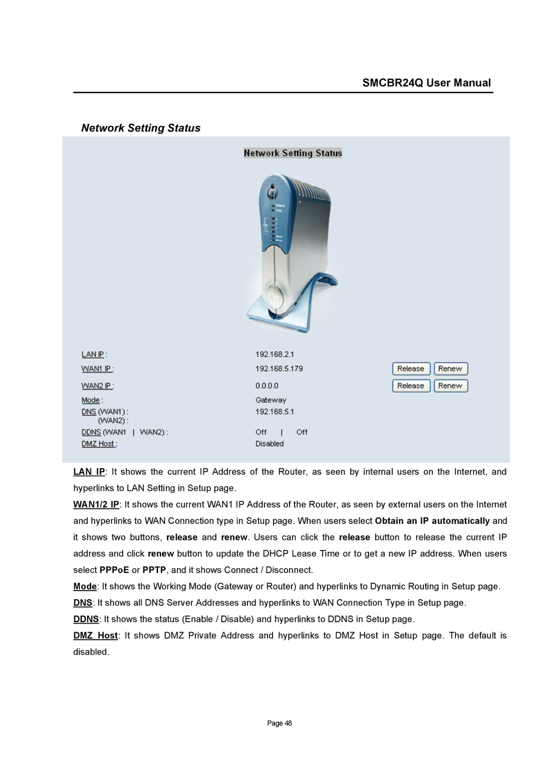 SMC Networks SMCBR24Q user manual Network Setting Status 