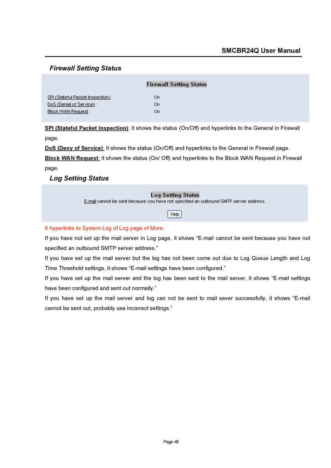 SMC Networks SMCBR24Q user manual Firewall Setting Status, Log Setting Status 