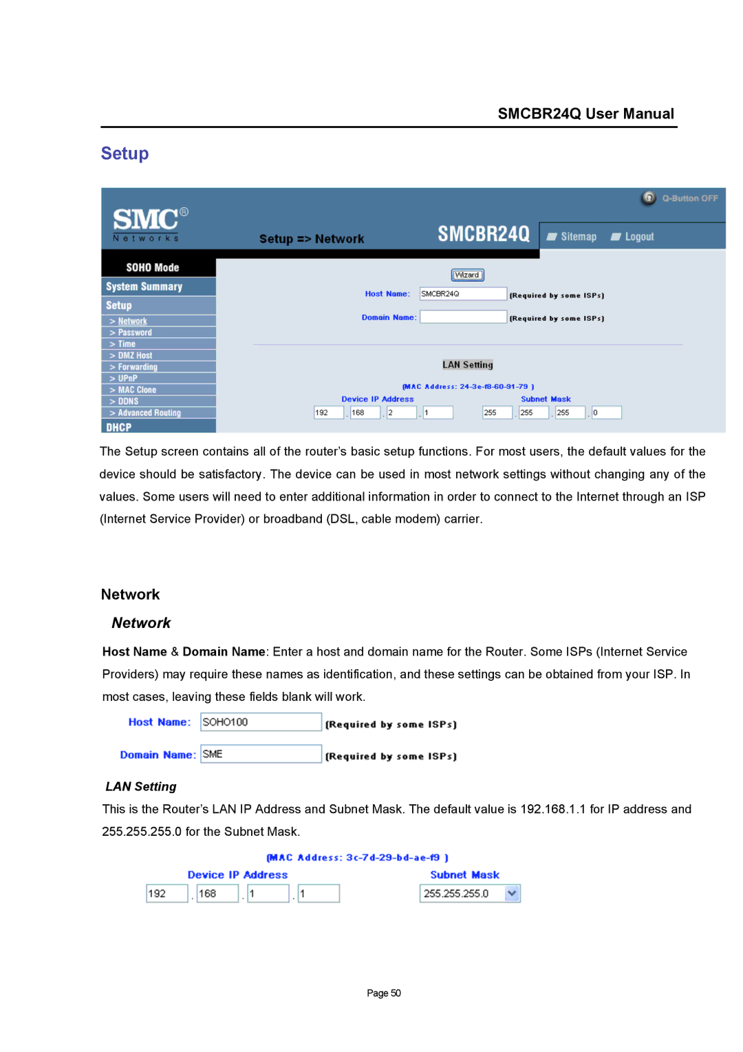 SMC Networks SMCBR24Q user manual Setup, Network 