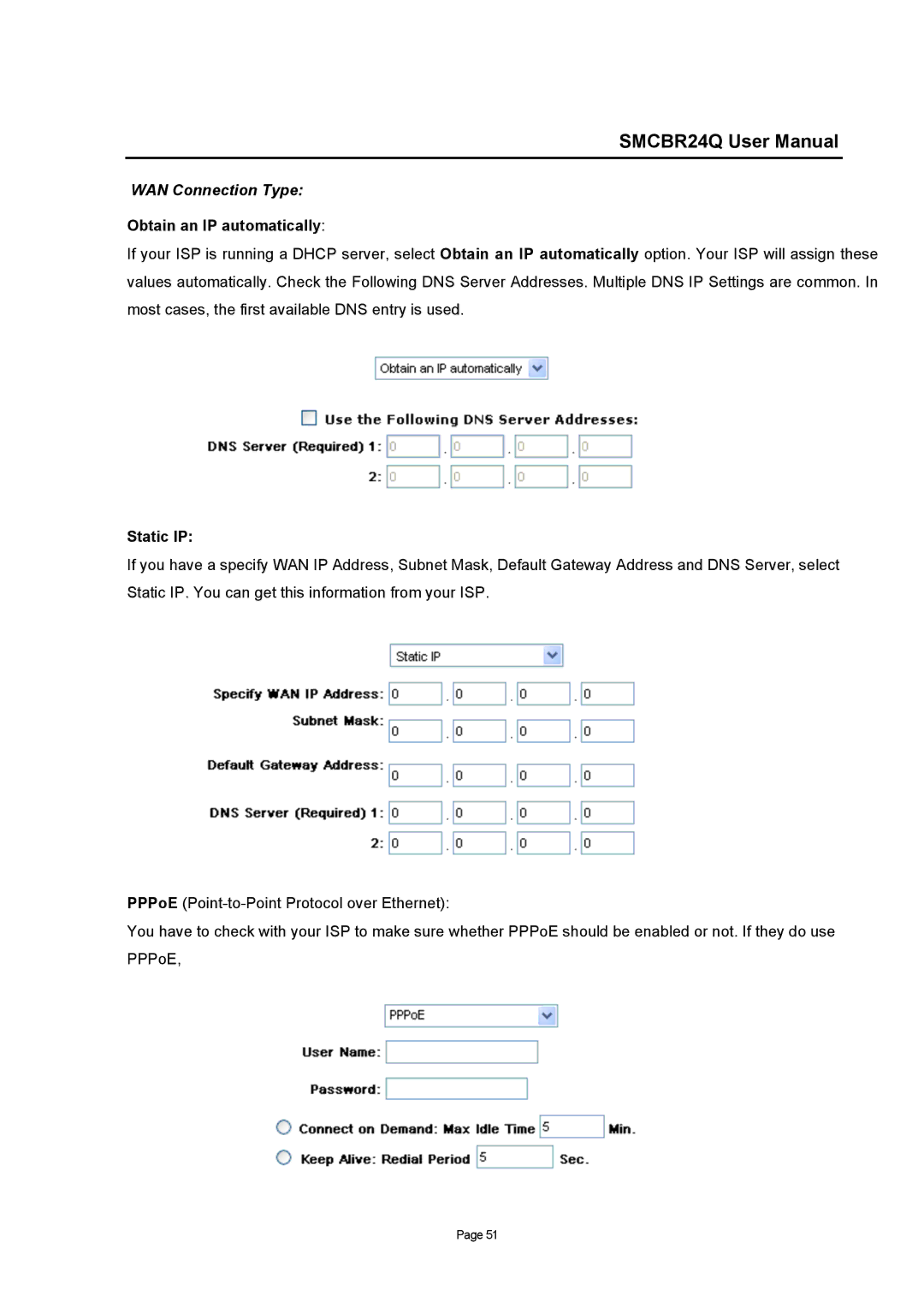 SMC Networks SMCBR24Q user manual WAN Connection Type 