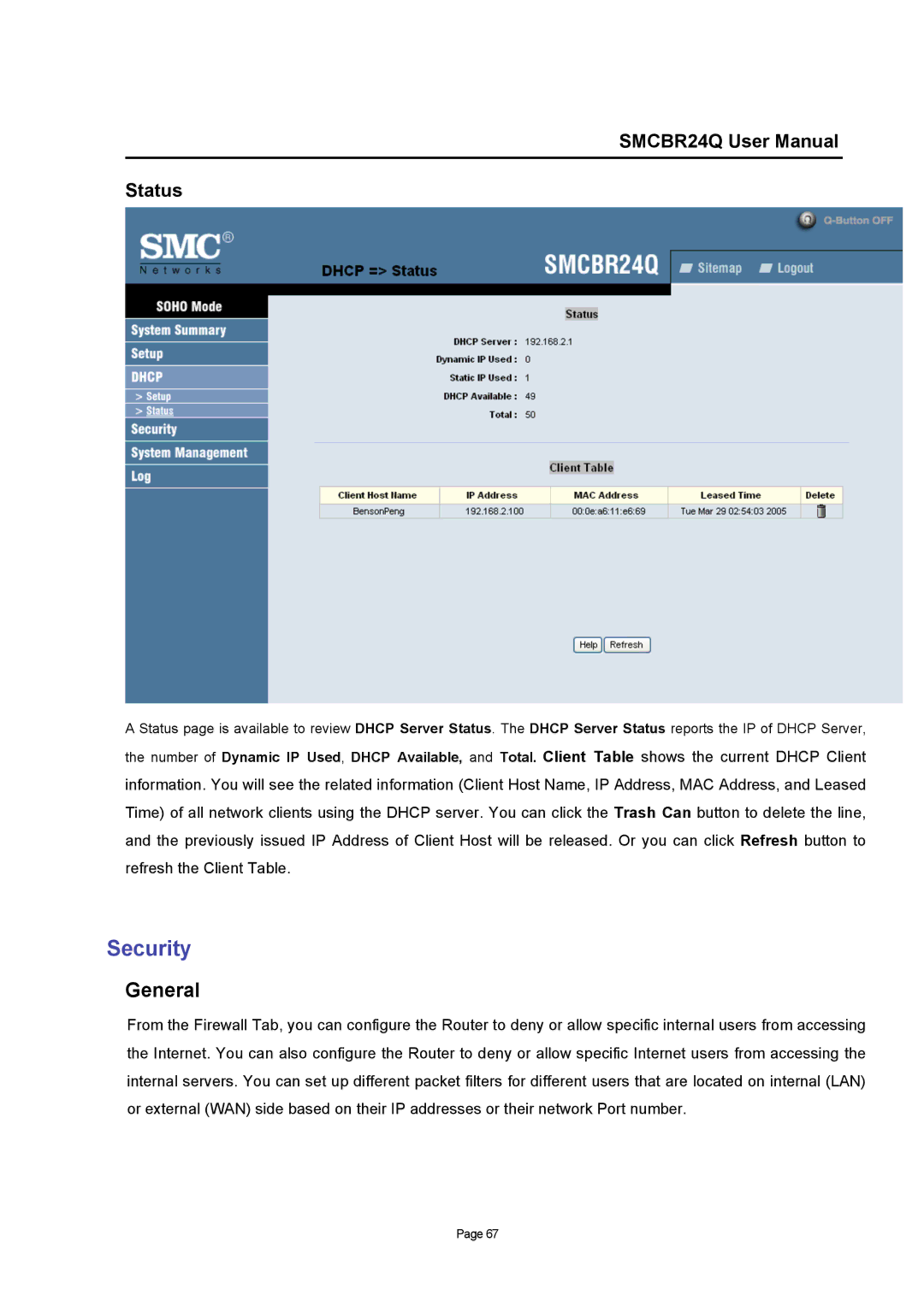 SMC Networks SMCBR24Q user manual Security, Status 