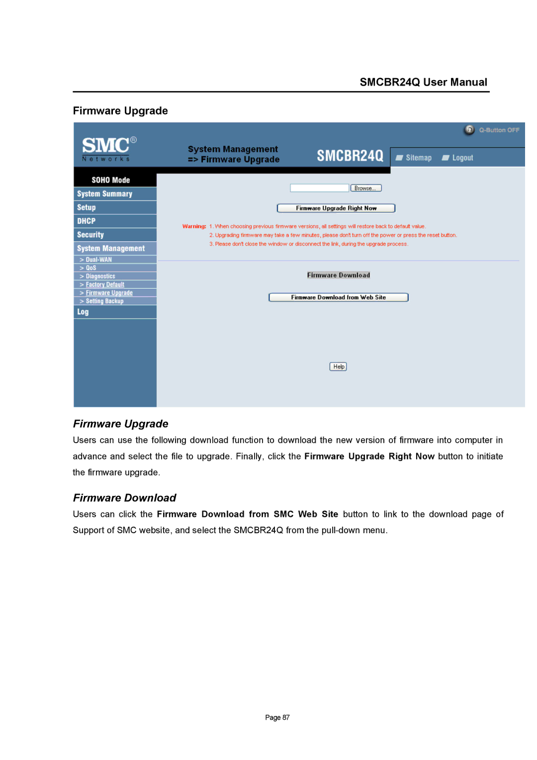 SMC Networks SMCBR24Q user manual Firmware Upgrade, Firmware Download 