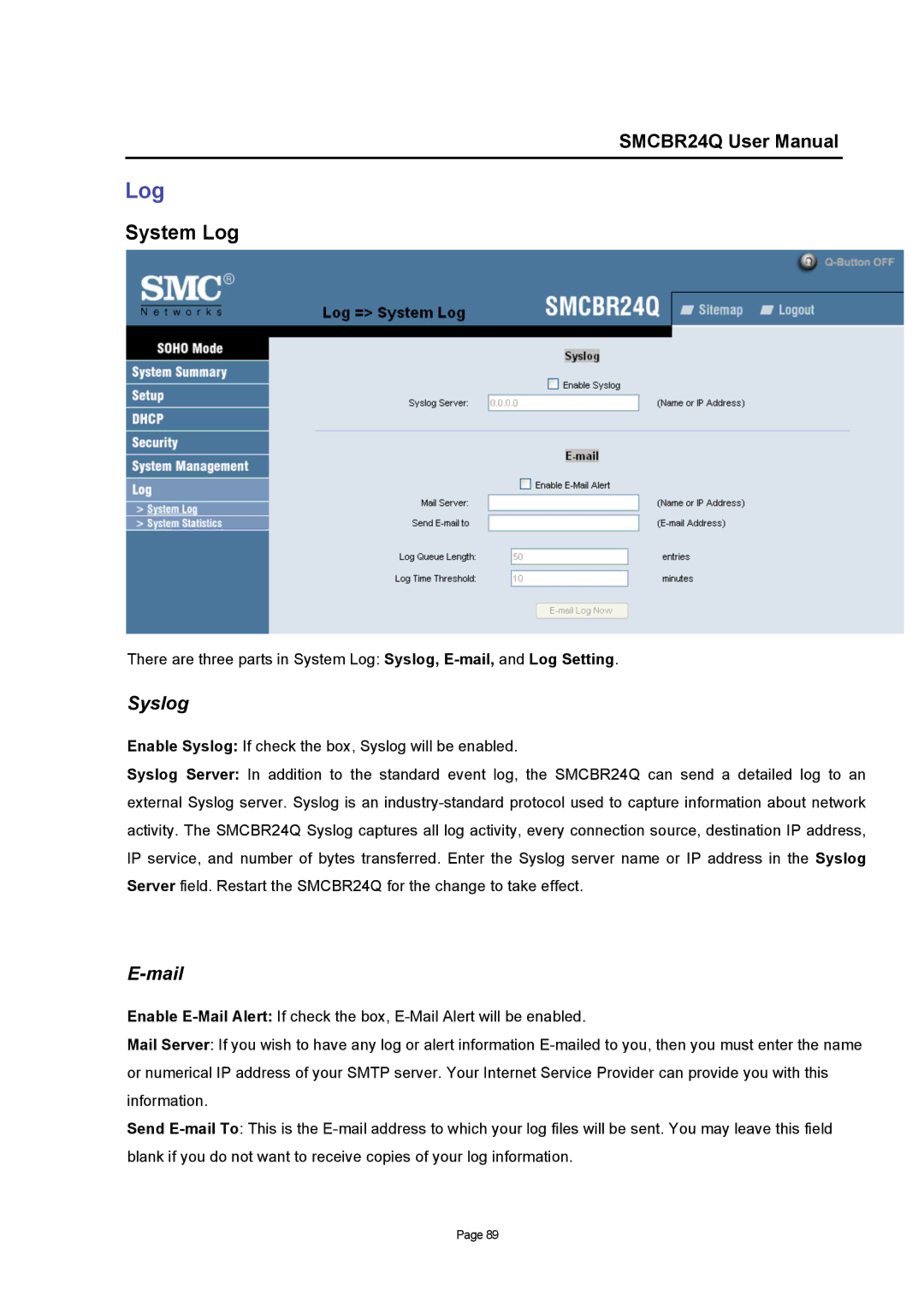 SMC Networks SMCBR24Q user manual System Log 