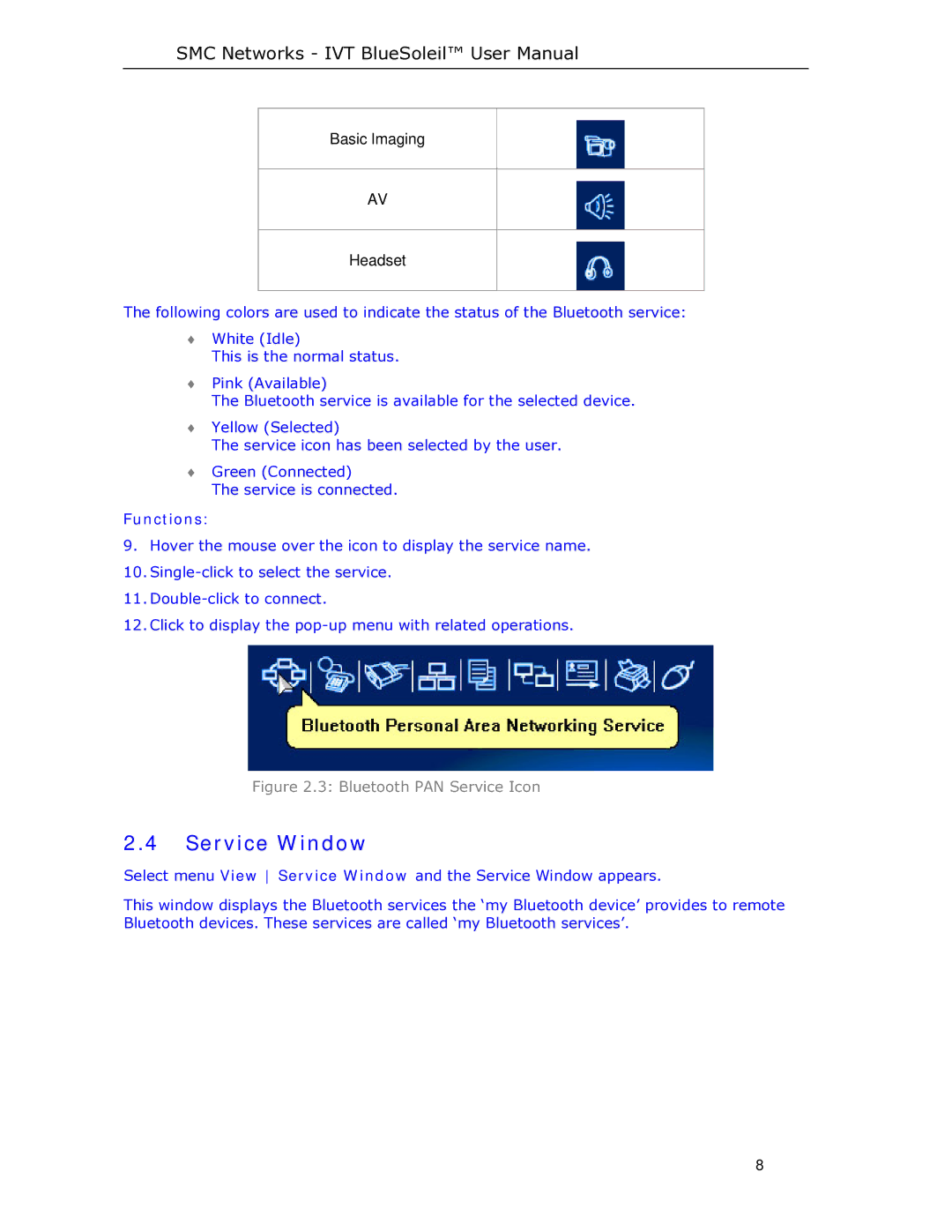 SMC Networks SMCBT-EDR manual Service Window, Bluetooth PAN Service Icon 