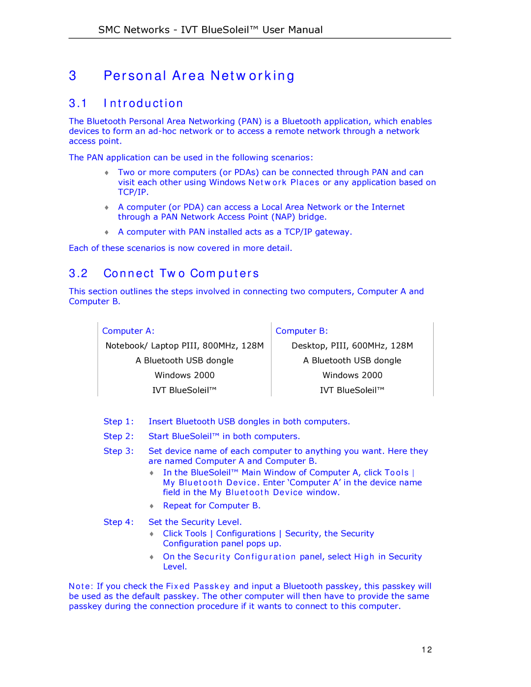 SMC Networks SMCBT-EDR manual Personal Area Networking, Introduction, Connect Two Computers 