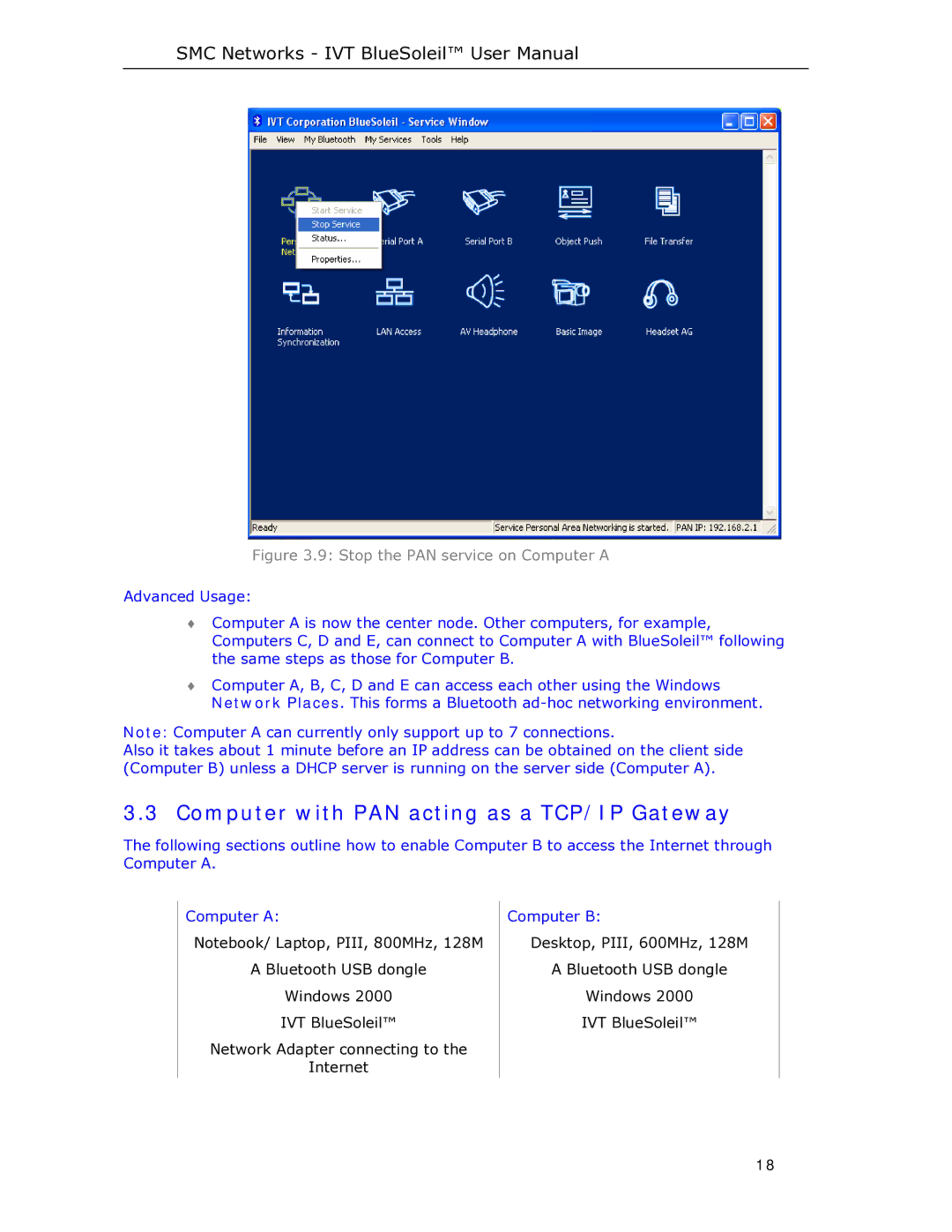 SMC Networks SMCBT-EDR manual Computer with PAN acting as a TCP/IP Gateway, Stop the PAN service on Computer a 