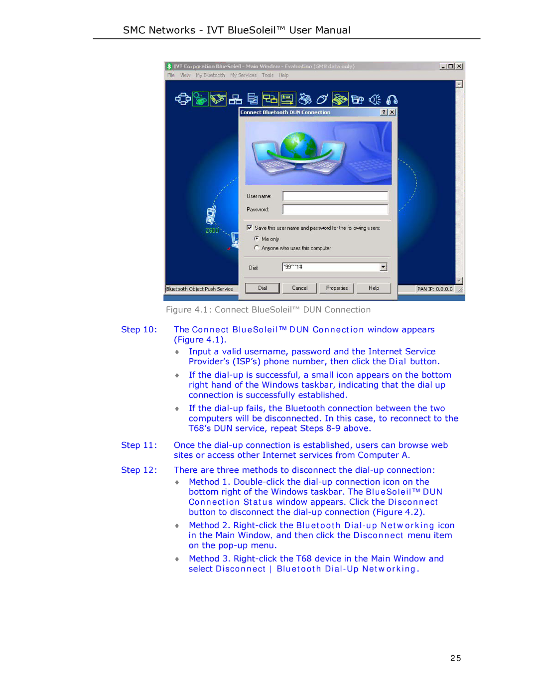 SMC Networks SMCBT-EDR manual Connect BlueSoleil DUN Connection window appears Figure 