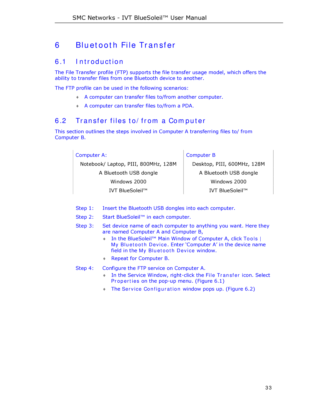 SMC Networks SMCBT-EDR manual Bluetooth File Transfer, Transfer files to/from a Computer 