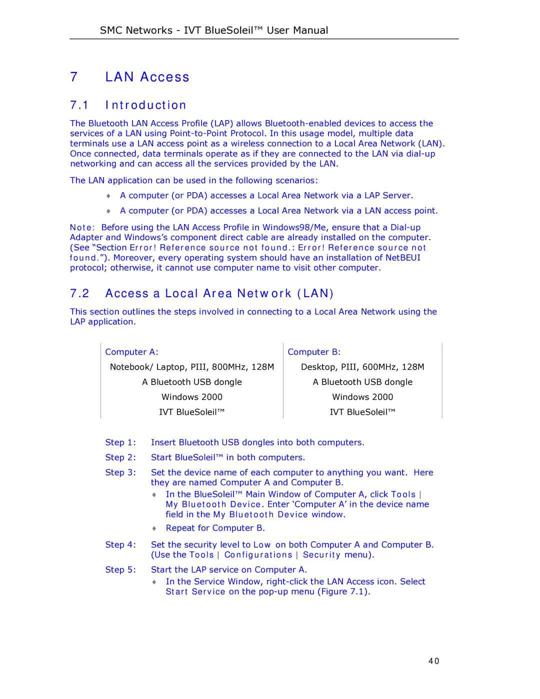 SMC Networks SMCBT-EDR manual LAN Access, Access a Local Area Network LAN 