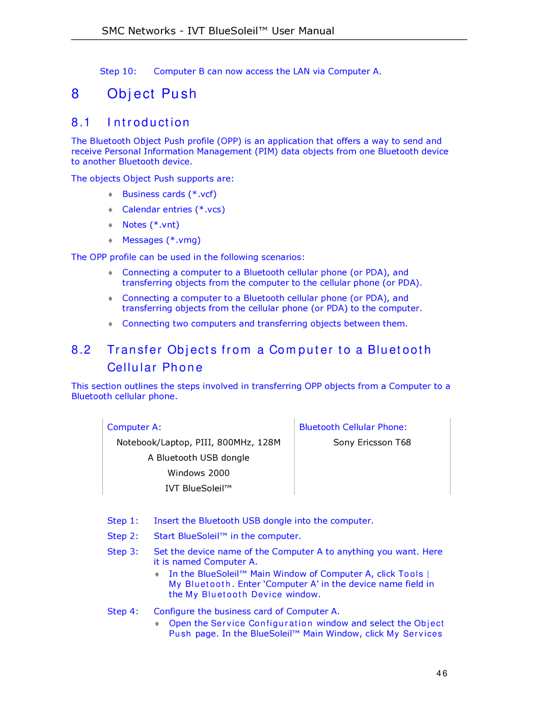 SMC Networks SMCBT-EDR manual Object Push, Introduction 