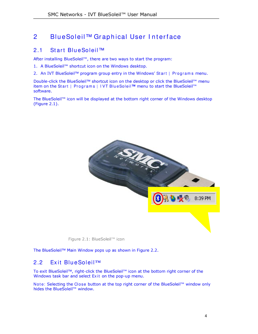 SMC Networks SMCBT-EDR manual BlueSoleil Graphical User Interface, Start BlueSoleil, Exit BlueSoleil 