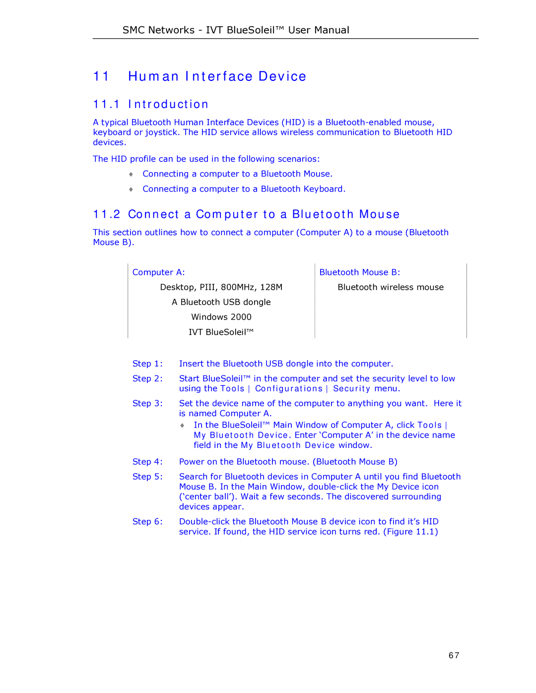 SMC Networks SMCBT-EDR manual Human Interface Device, Connect a Computer to a Bluetooth Mouse 