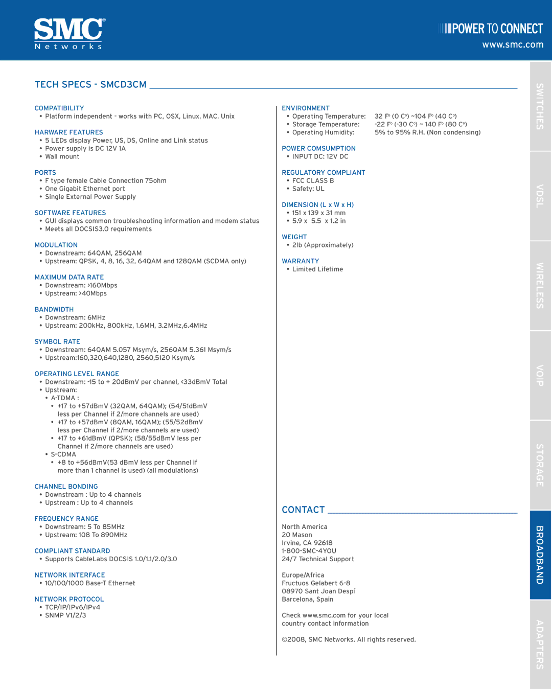 SMC Networks manual Tech Specs SMCD3CM, Contact, Cdma, Input DC 12V DC, FCC Class B 