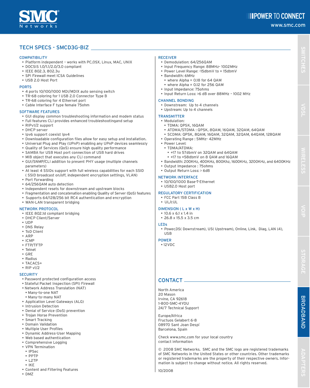 SMC Networks manual Tech Specs SMCD3G-BIZ, Contact, Switches Vdsl Wireless Voip Storage Broadband Adapters 