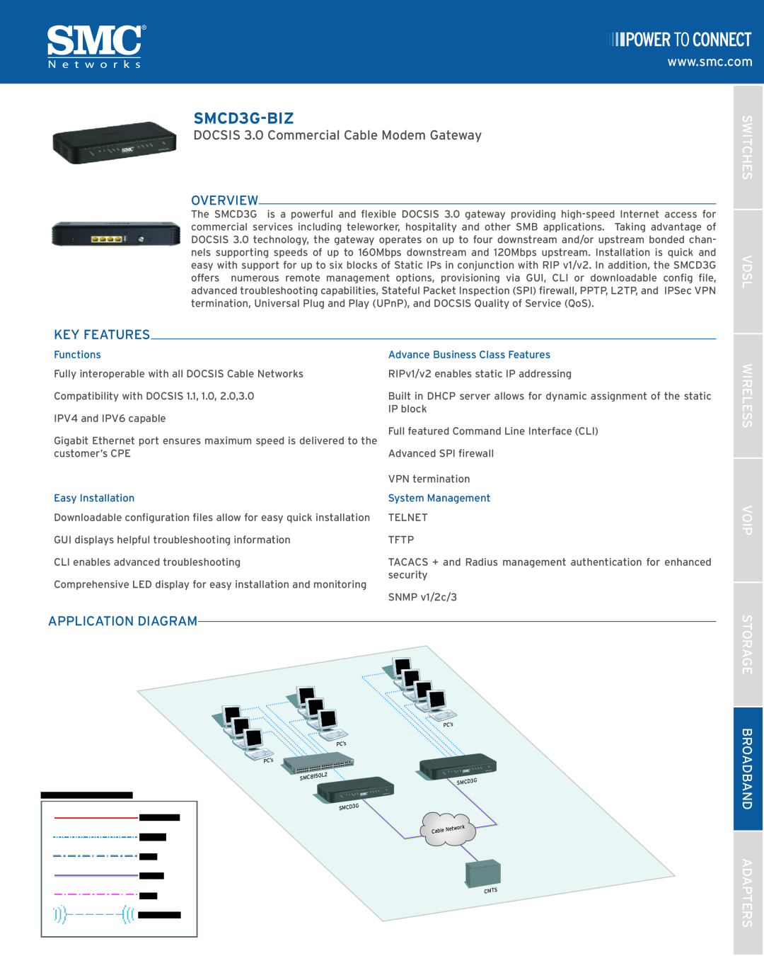 SMC Networks SMCD3G-BIZ manual Overview, Key Features, Switches Vdsl, Wireless Voip, Application Diagram, Functions 
