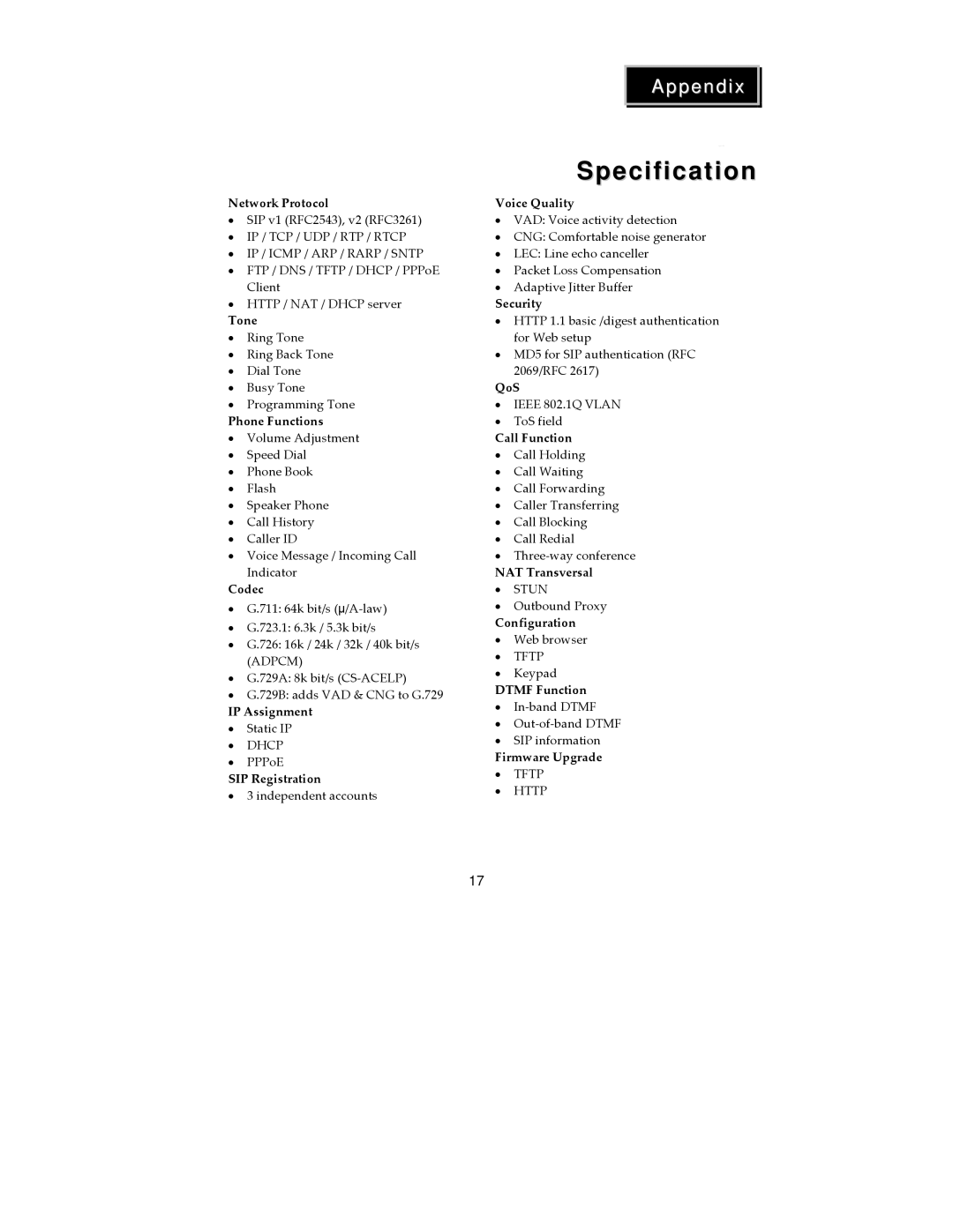 SMC Networks SMCDSP-205, SMCDSP-200 manual Specification, Network Protocol 