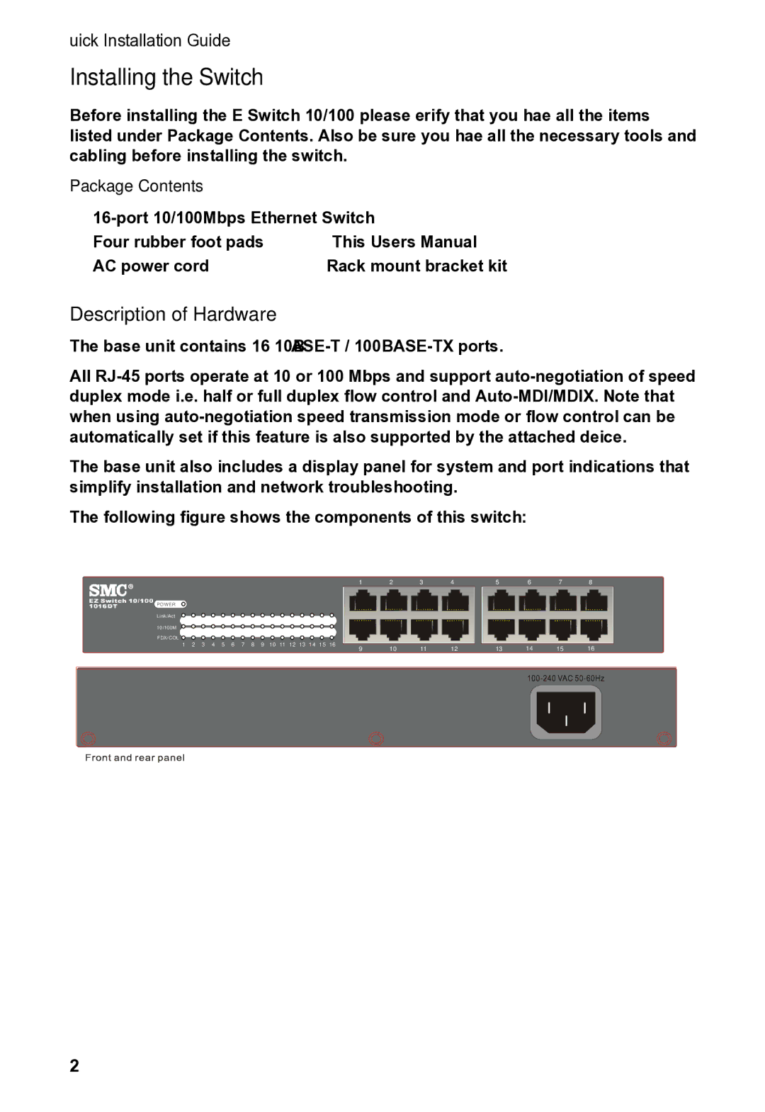 SMC Networks SMCEZNET-16SW manual Installing the Switch, Description of Hardware 