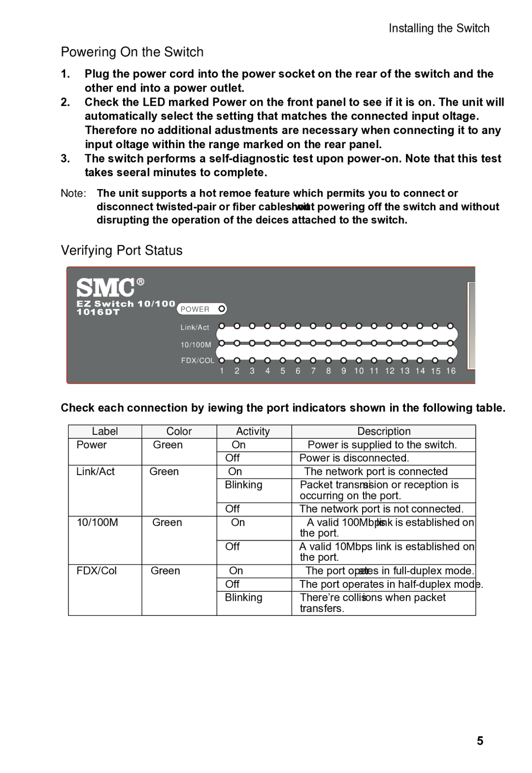 SMC Networks SMCEZNET-16SW manual Powering On the Switch, Verifying Port Status 