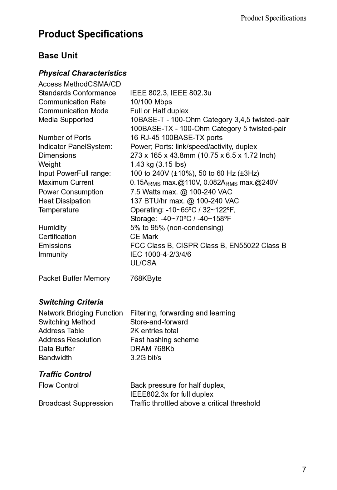 SMC Networks SMCEZNET-16SW manual Product Specifications, Base Unit 