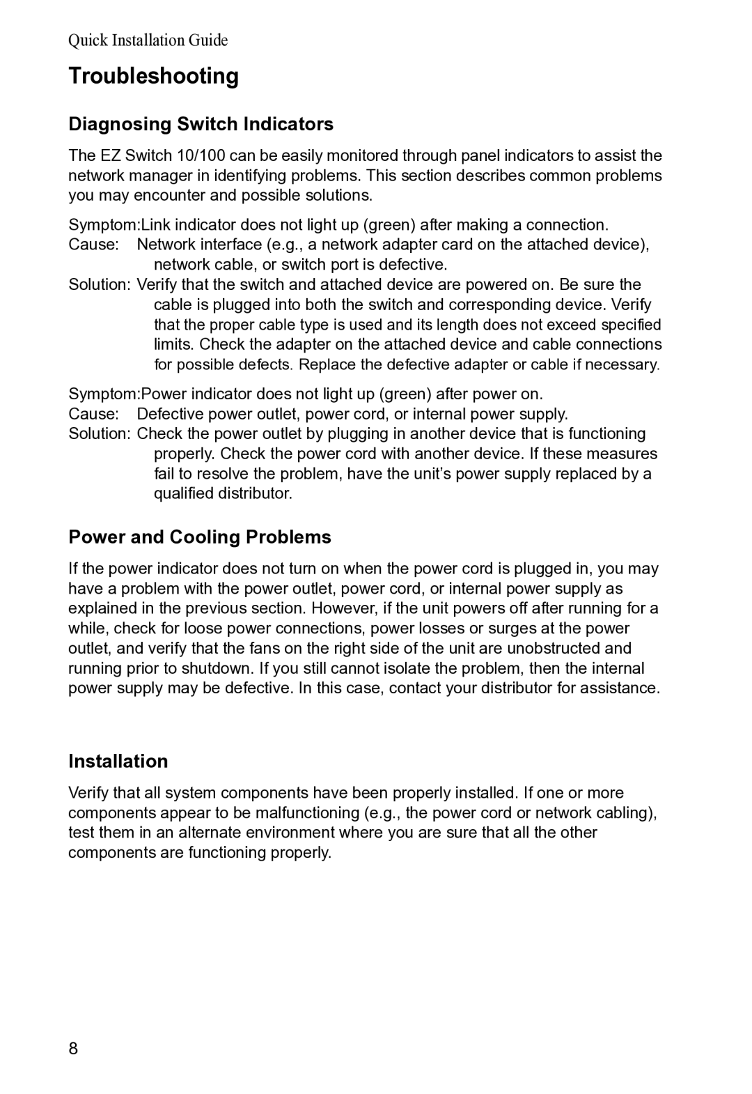 SMC Networks SMCEZNET-16SW manual Troubleshooting, Diagnosing Switch Indicators, Power and Cooling Problems, Installation 