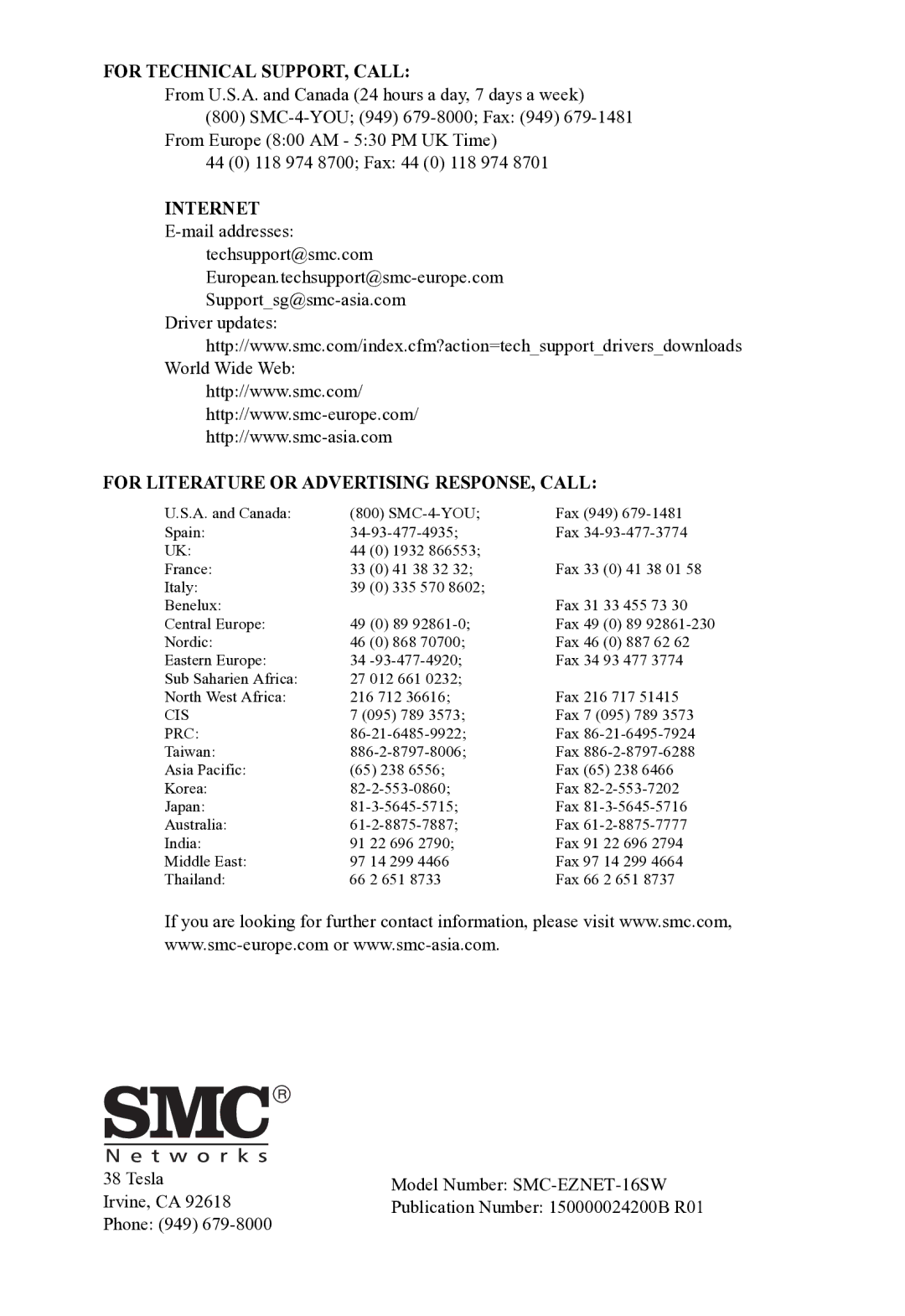 SMC Networks SMCEZNET-16SW manual For Technical SUPPORT, Call 