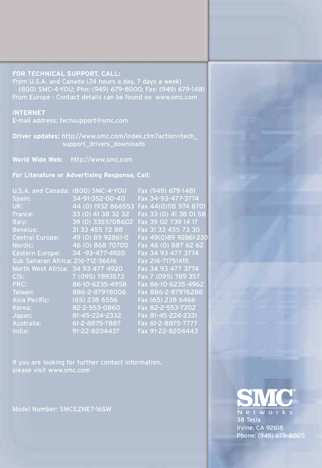 SMC Networks SMCEZNET-16SW manual For Technical SUPPORT, Call 