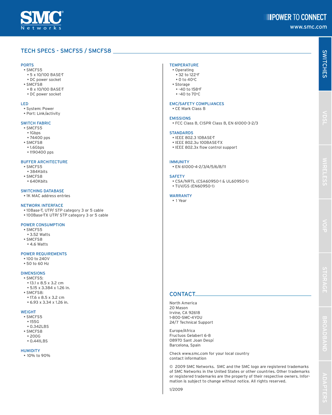 SMC Networks manual Tech Specs SMCFS5 / SMCFS8, Contact, Switches, Vdsl, Storage 