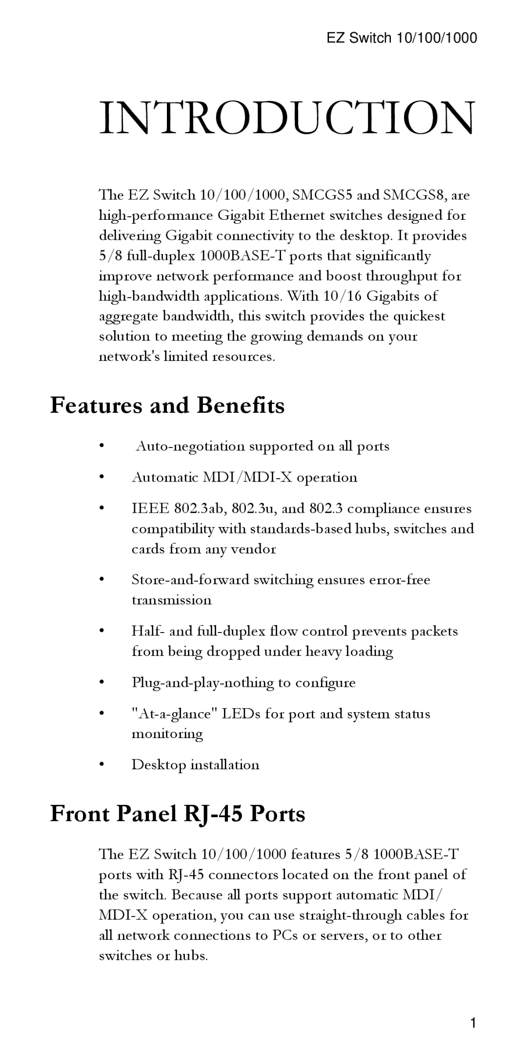 SMC Networks SMCG55 manual Features and Benefits, Front Panel RJ-45 Ports 