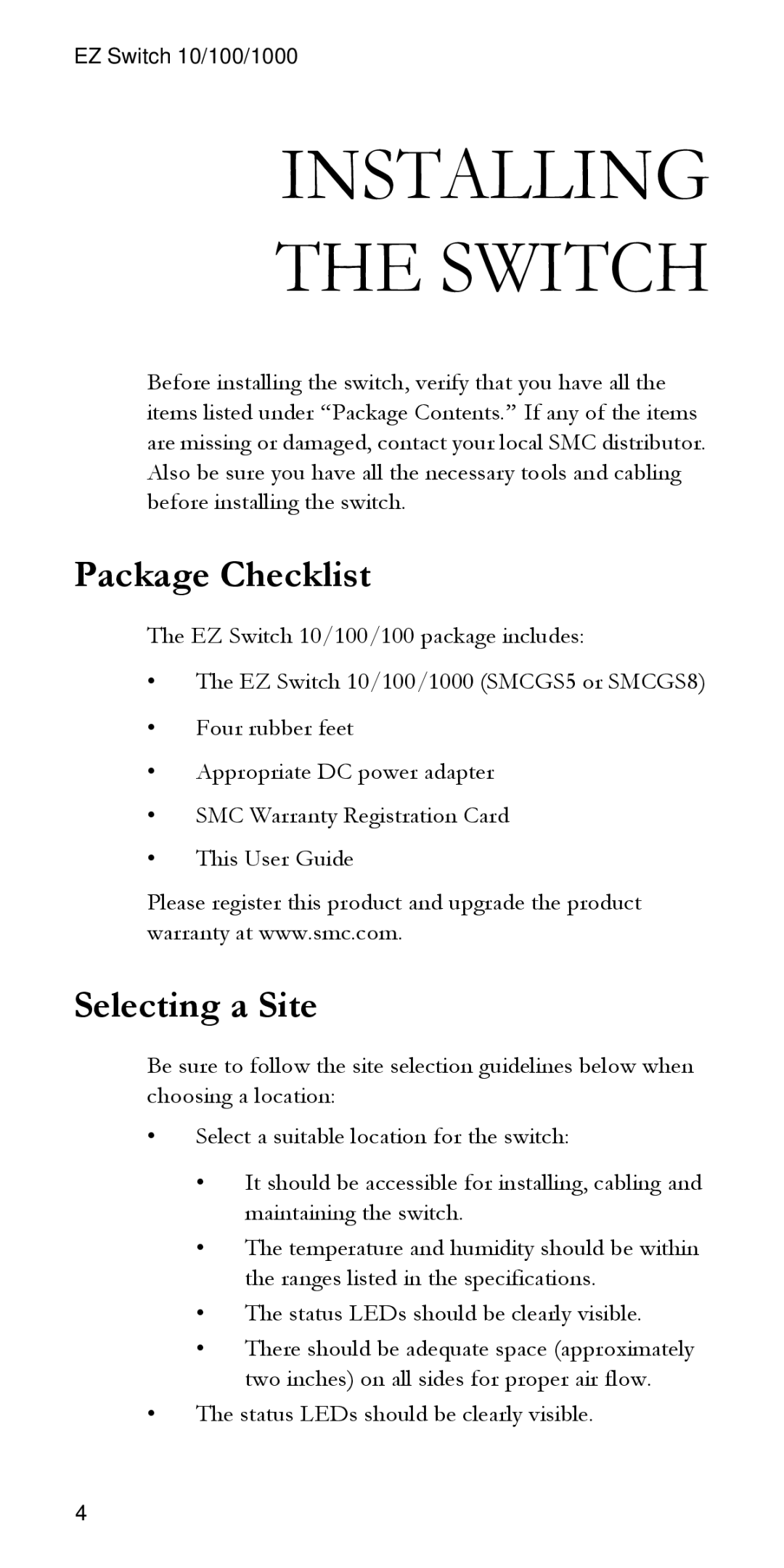 SMC Networks SMCG55 manual Package Checklist, Selecting a Site 