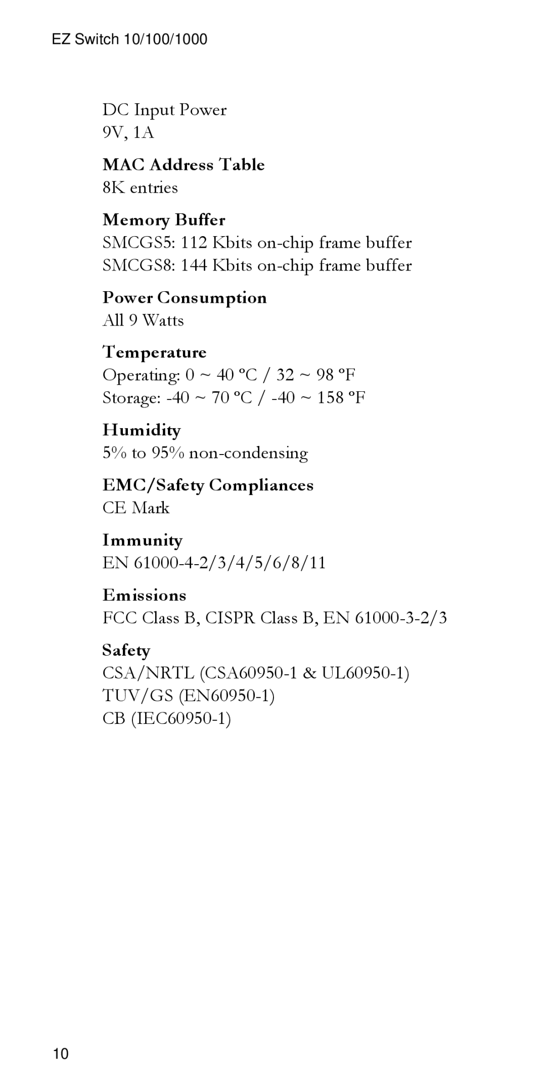 SMC Networks SMCG55 MAC Address Table, Memory Buffer, Power Consumption, Temperature, Humidity, EMC/Safety Compliances 