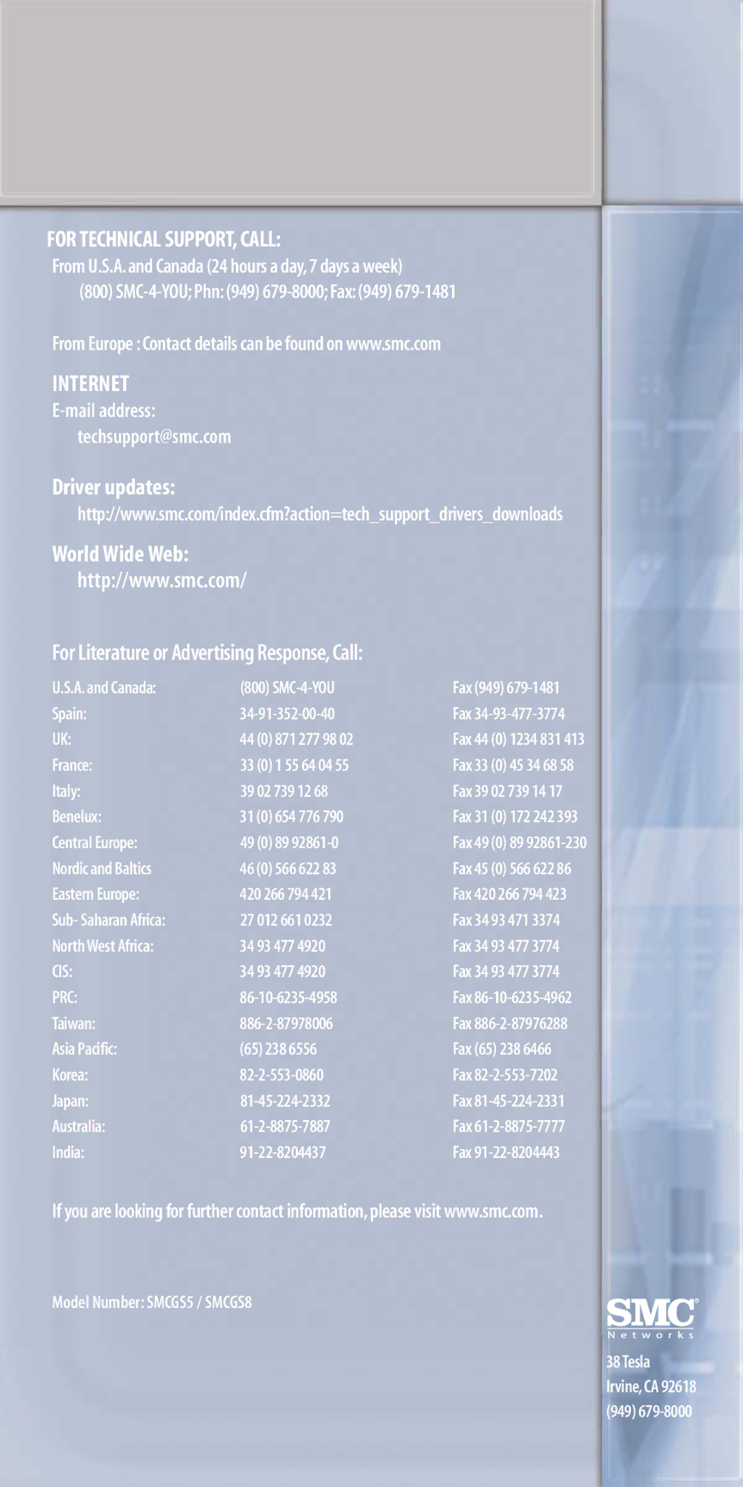 SMC Networks SMCG55 manual For Technical SUPPORT,CALL 