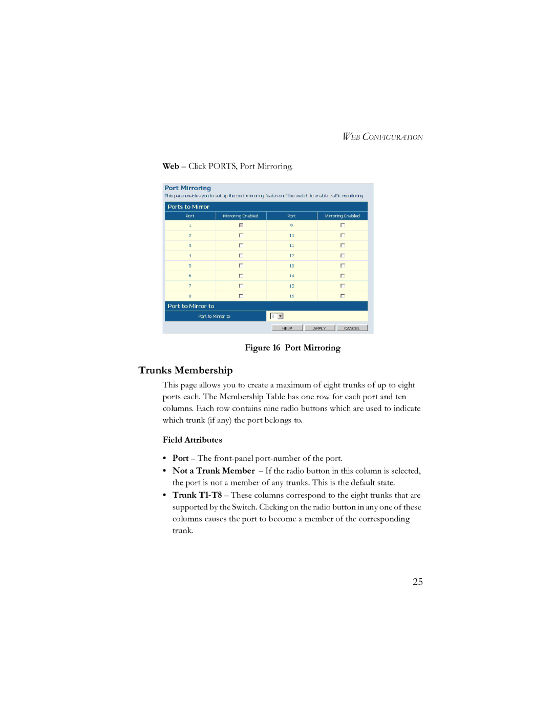 SMC Networks SMCGS24-Smart, SMCGS16-Smart manual Trunks Membership, Port Mirroring 