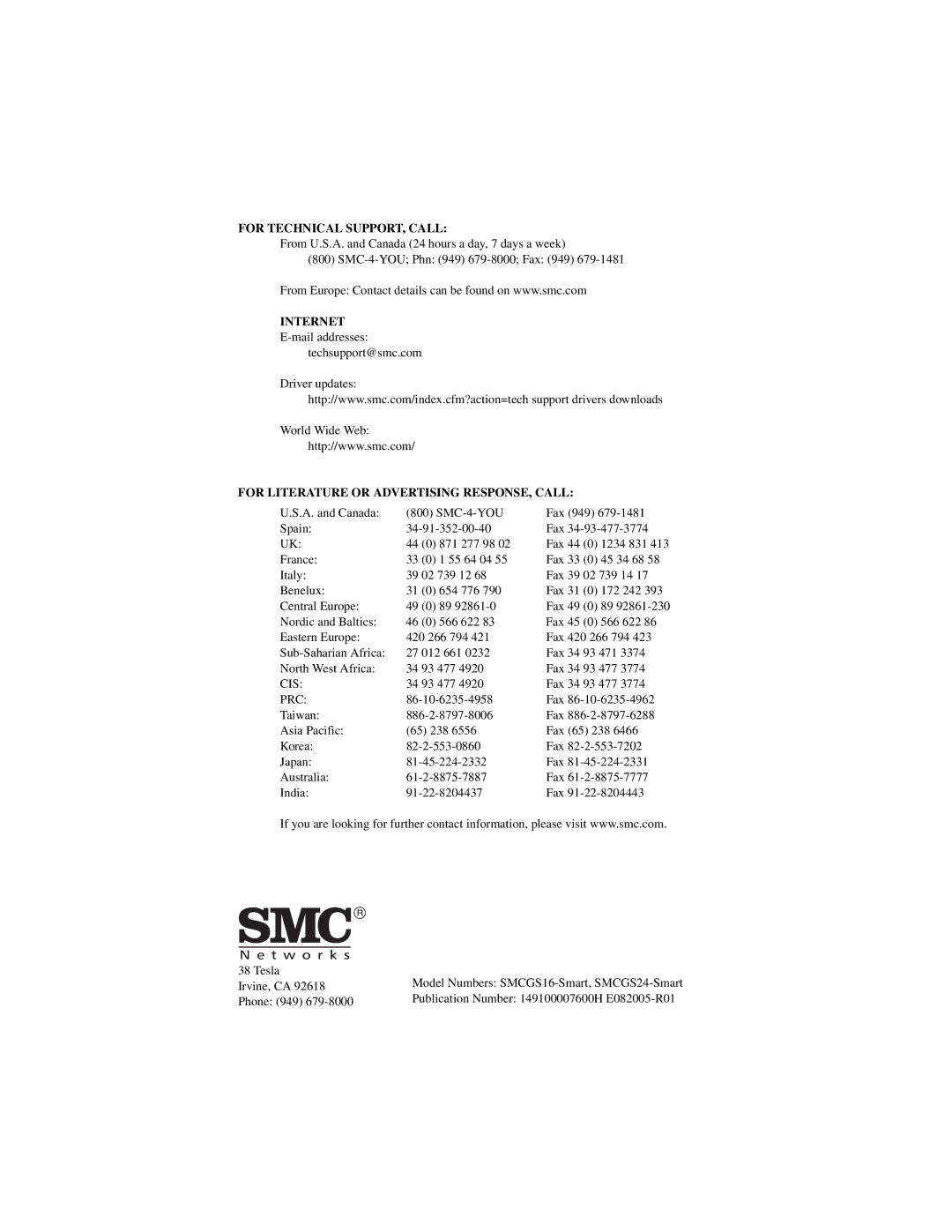 SMC Networks SMCGS16-Smart, SMCGS24-Smart manual For Technical SUPPORT, Call 