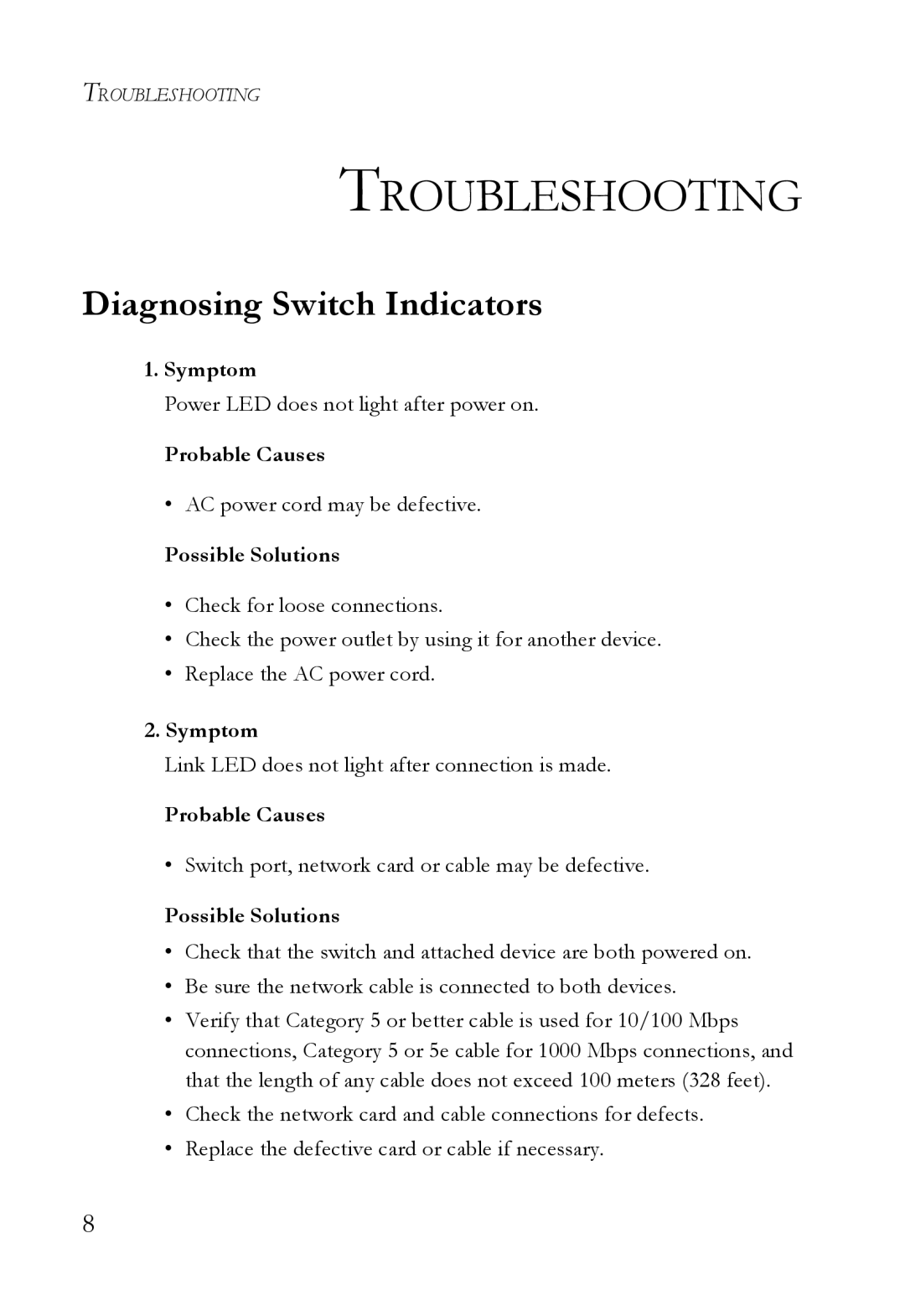 SMC Networks SMCGS24 manual Troubleshooting, Diagnosing Switch Indicators, Symptom, Probable Causes, Possible Solutions 